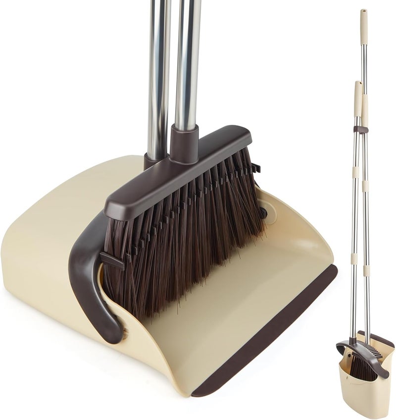 OOOFLOWER Broom and Dustpan Set, Dustpan Combo with 51" Stainless Steel Long Handle Brooms with 5-Layer Soft Bristles for Home Office Kitchen Bathroom(Beige) - Image 1